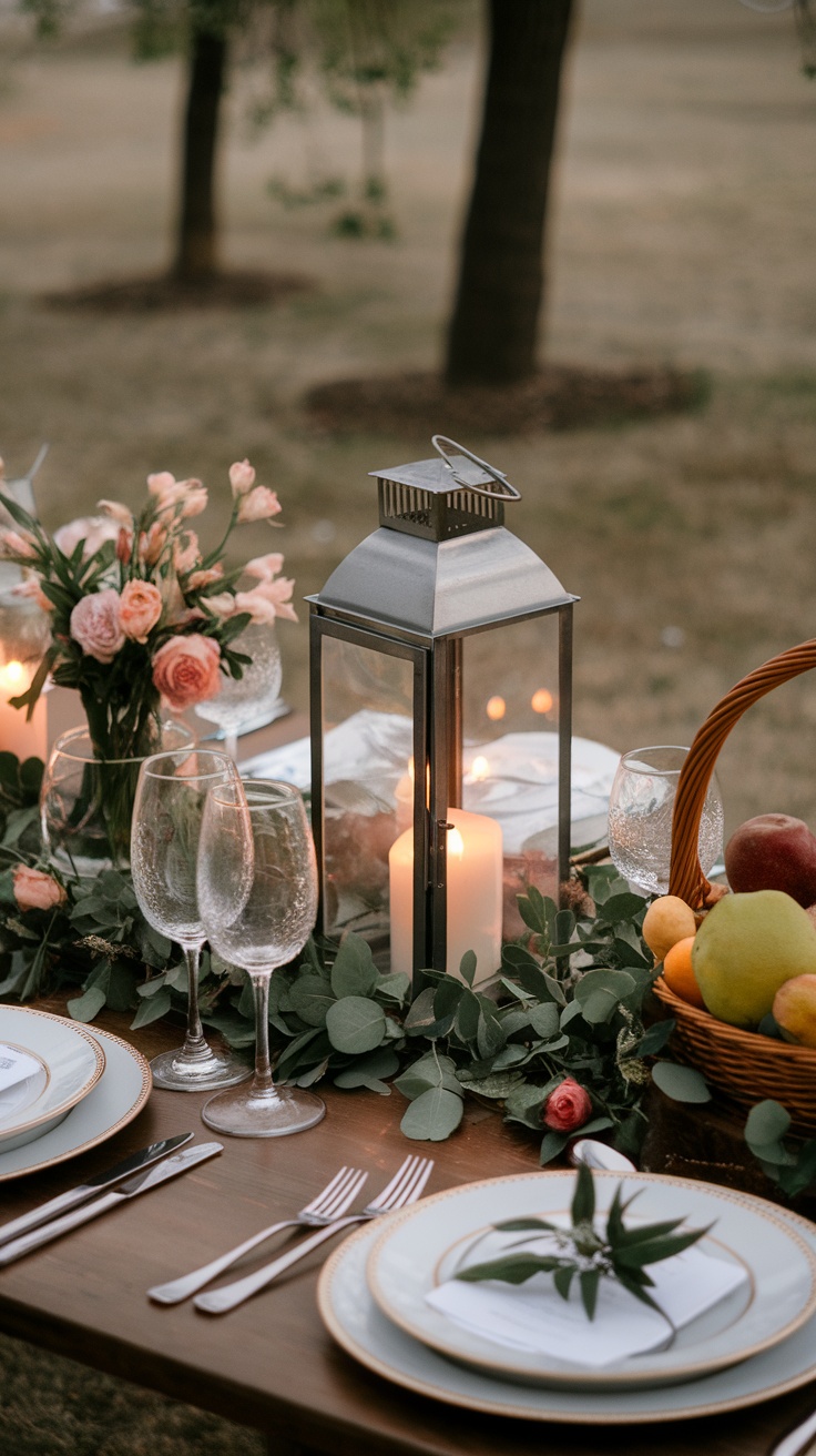 A beautifully set table with candlelit lanterns, spring foliage, and flowers.