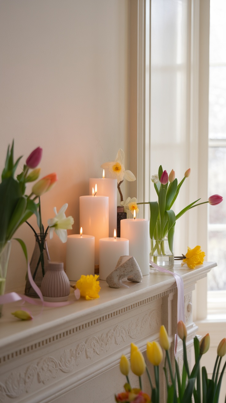 Spring mantel decorated with candles and fresh flowers