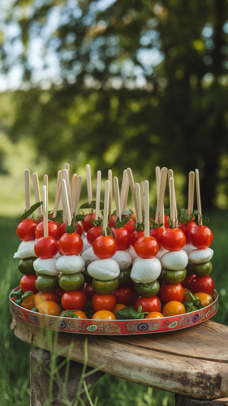 A platter of Caprese salad skewers featuring cherry tomatoes, mozzarella balls, and basil.