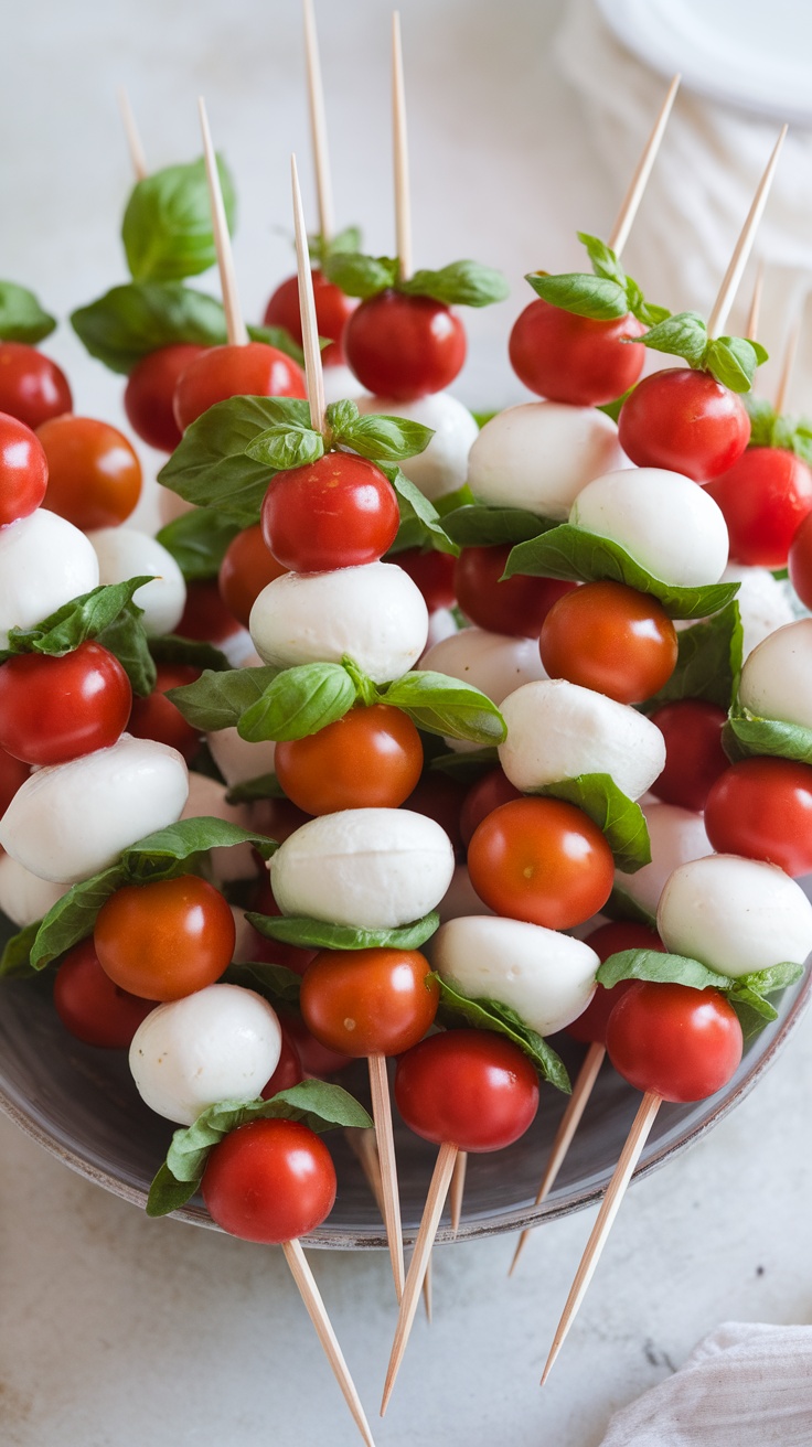 Skewers of cherry tomatoes, mozzarella balls, and basil leaves arranged in a bowl.