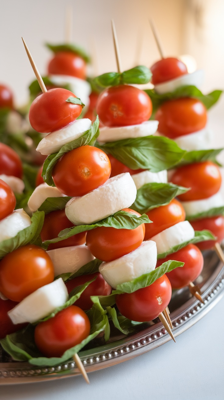 A platter of Caprese salad skewers with cherry tomatoes, mozzarella, and basil.