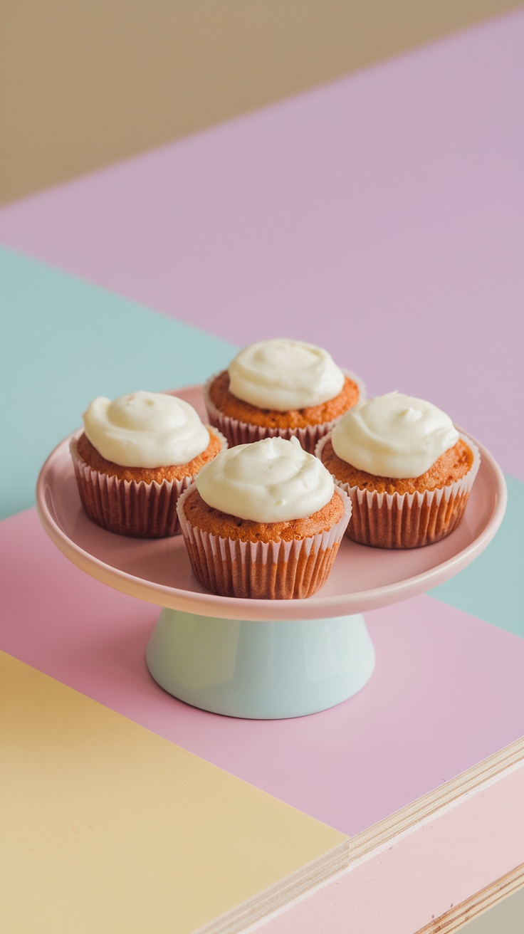 A plate of carrot cake muffins topped with cream cheese frosting.