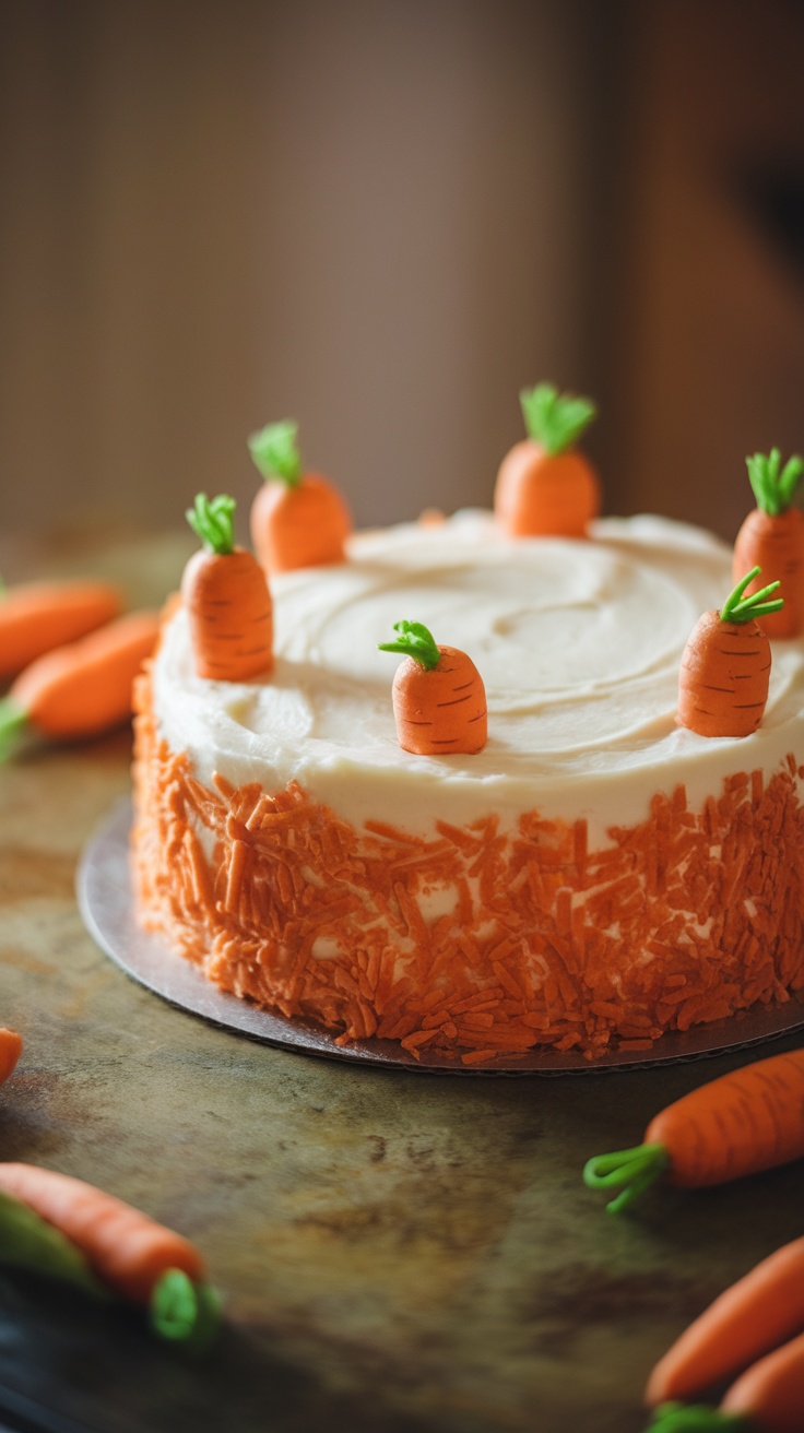 A beautifully decorated carrot cake with cream cheese frosting and small carrot decorations.