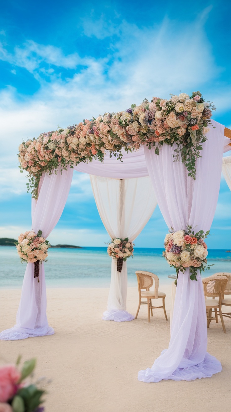 Beach wedding ceremony arch with drapes and flowers