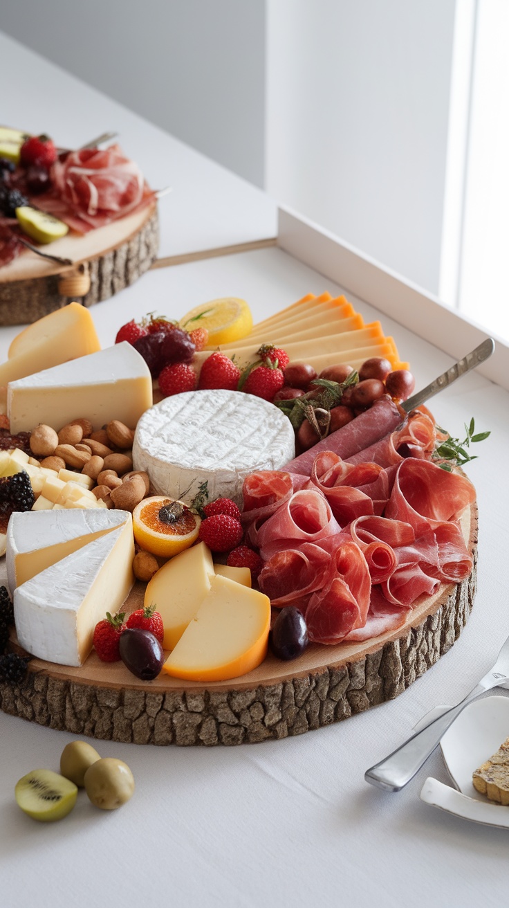 A beautifully arranged charcuterie board with various cheeses, meats, fruits, and nuts on a rustic wooden platter.