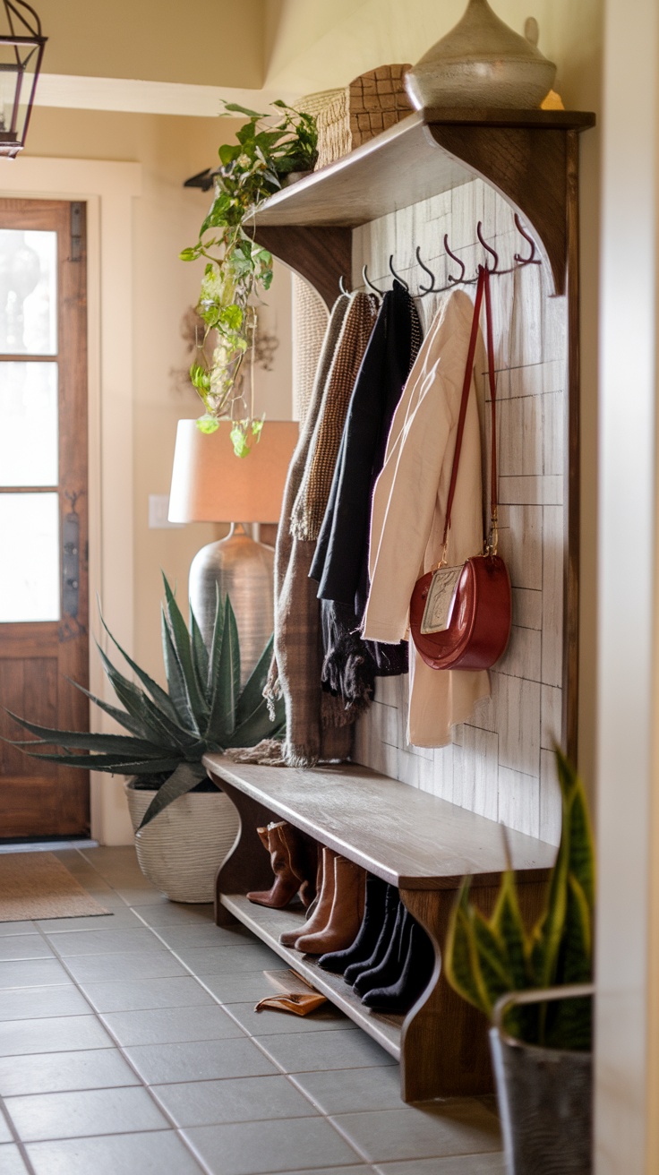 A stylish entryway with a coat rack featuring hooks, a bench for shoes, and decorative plants.