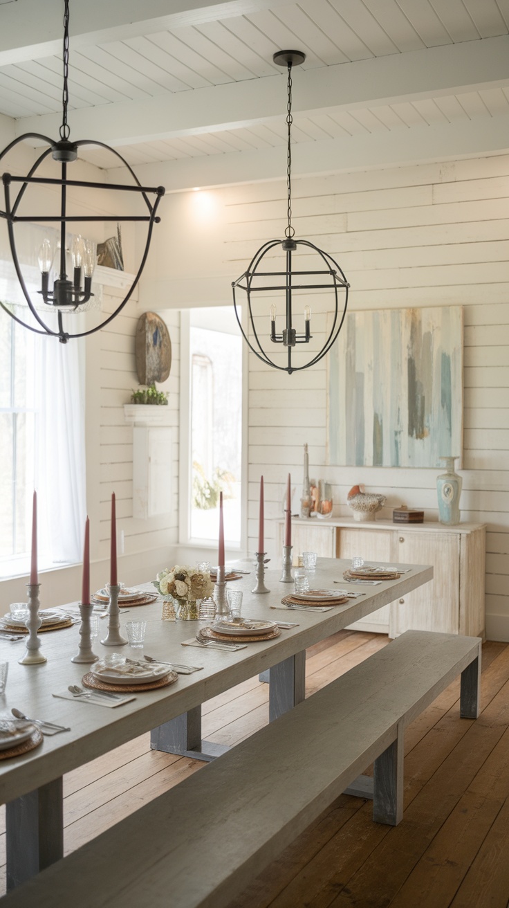 Modern farmhouse dining room with rustic lighting fixtures.