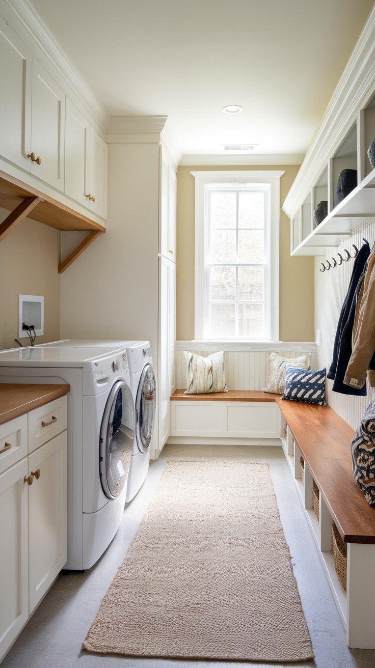 A well-designed farmhouse laundry room with a cozy bench and organized storage.