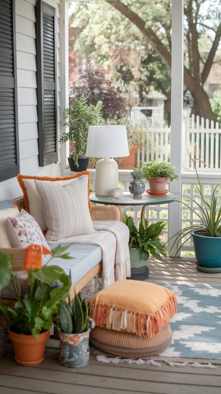 Cozy outdoor seating area with cushions, plants, and a lamp on a front porch