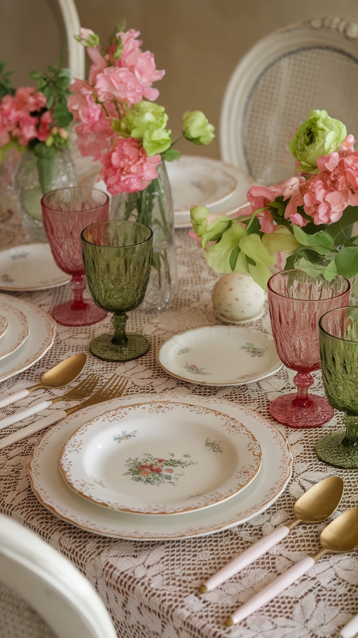 A beautifully set Easter table featuring vintage tableware with floral patterns, colorful glasses, and fresh flowers.