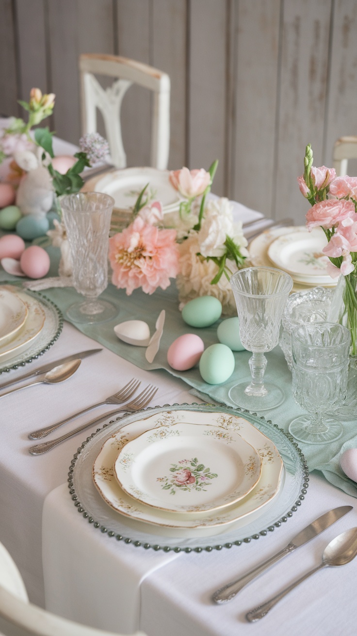 A beautifully set table with vintage plates, floral arrangements, and pastel eggs.