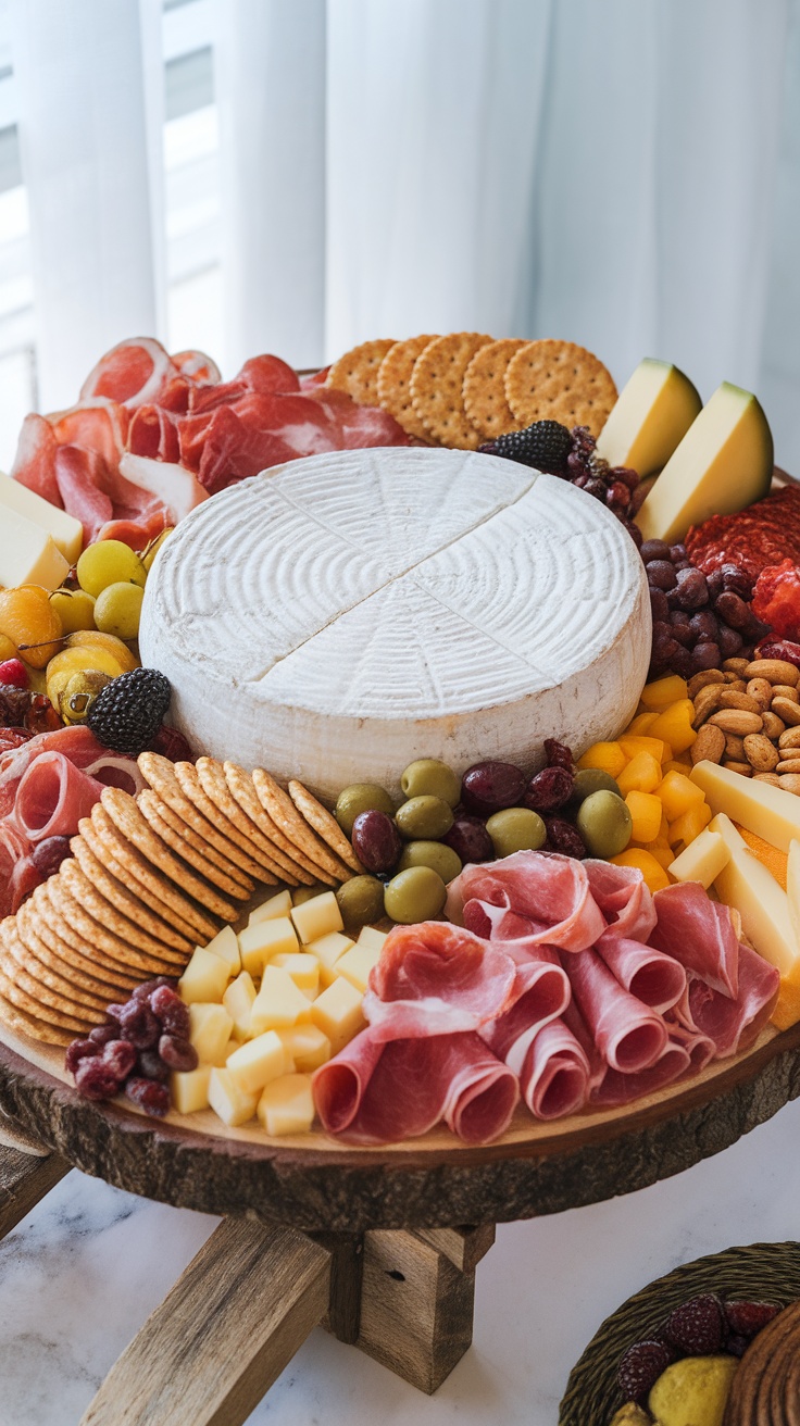 A beautifully arranged charcuterie board featuring a cheese wheel centerpiece surrounded by various meats, fruits, and crackers.