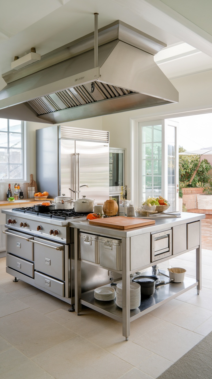 A modern chef's kitchen island with stainless steel features, equipped with a stovetop and ample countertop space.