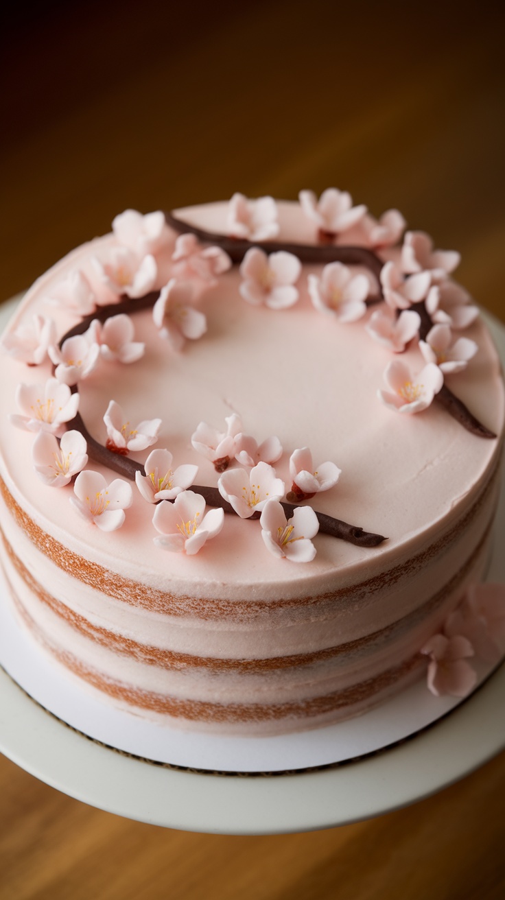 A cherry blossom fondant cake adorned with pink flowers and chocolate branches.