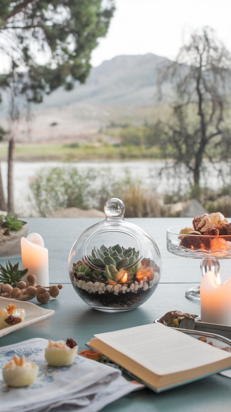 A chic glass terrarium filled with various succulents, placed on a modern stand.