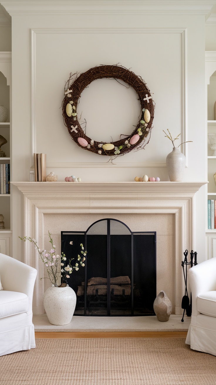 A chic grapevine wreath adorned with pastel eggs and crosses, hanging above a fireplace.