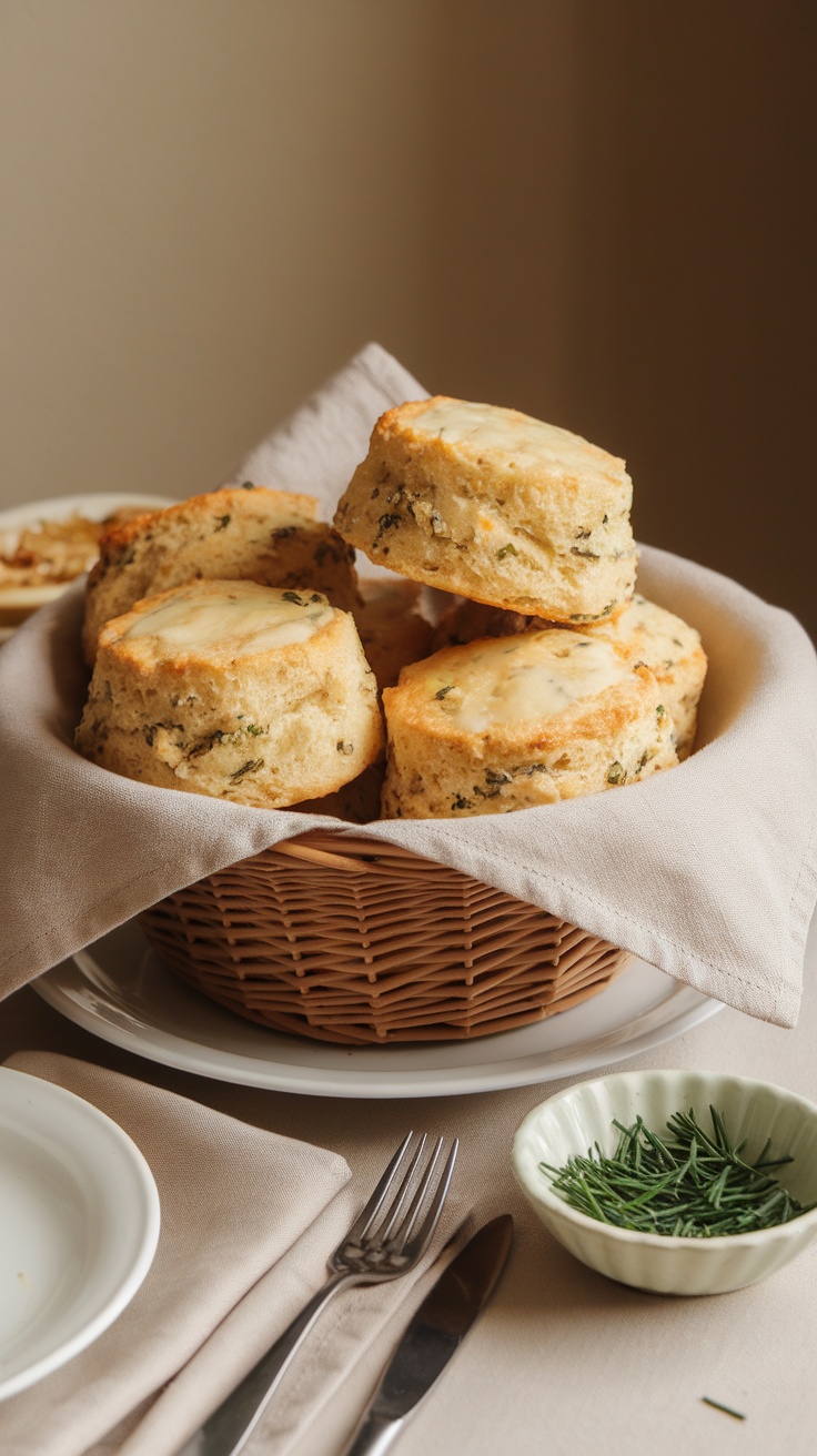 A basket of freshly baked chive and cheese scones, resting on a linen napkin, accompanied by a small bowl of fresh herbs.
