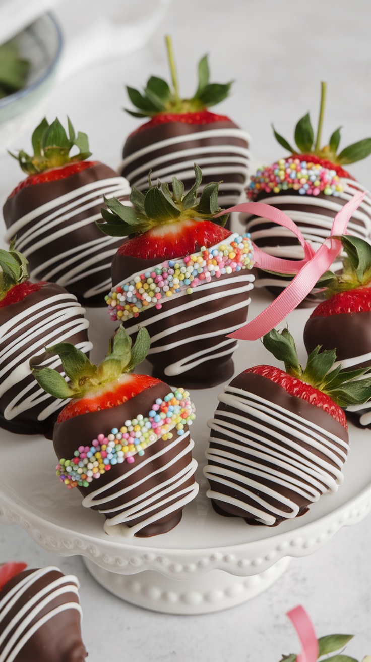 A plate of chocolate-covered strawberries decorated with white chocolate drizzle and colorful sprinkles.