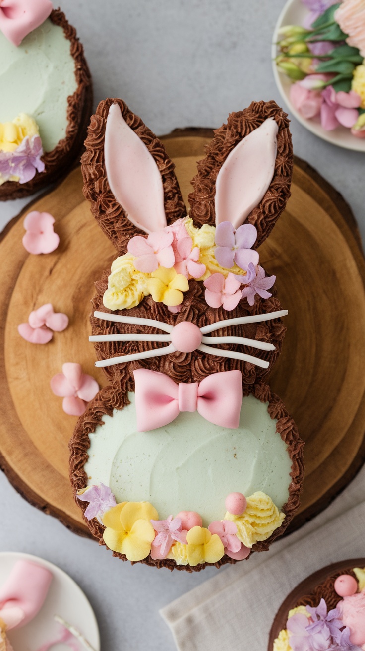 Chocolate Bunny Cake decorated with flowers and a pink bow