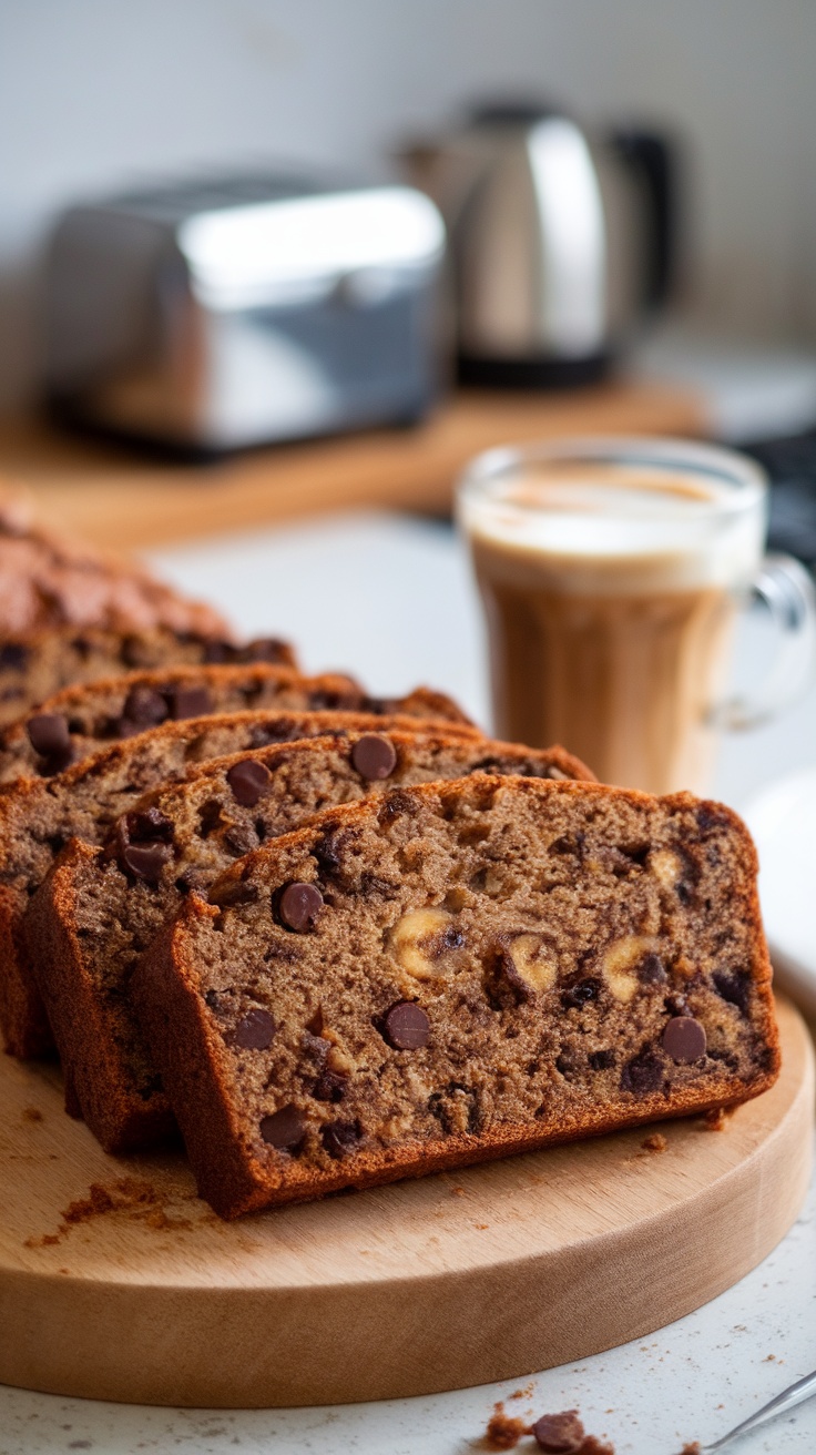 Sliced chocolate chip banana bread on a wooden board with a coffee cup in the background.