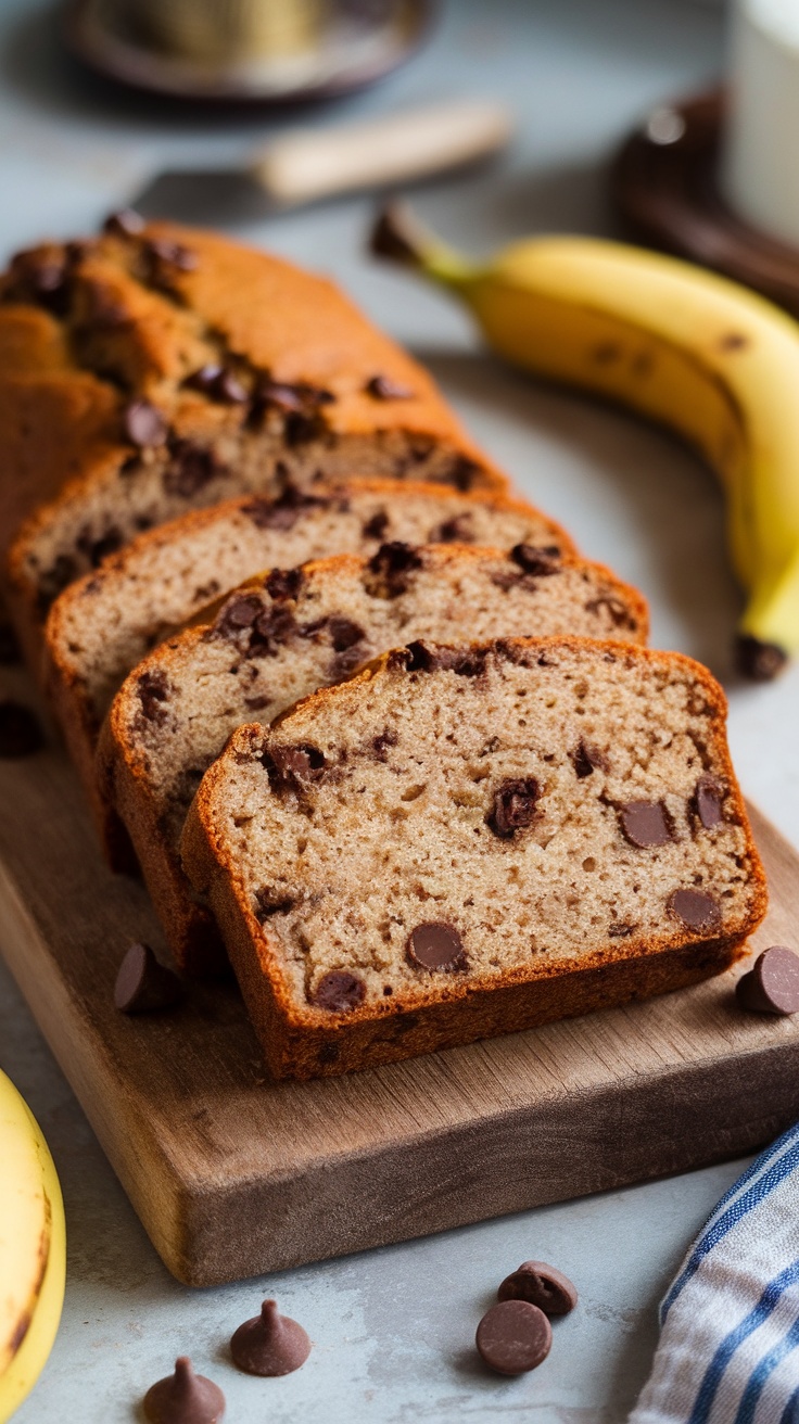 Sliced chocolate chip banana bread on a wooden cutting board with bananas and chocolate chips around it.