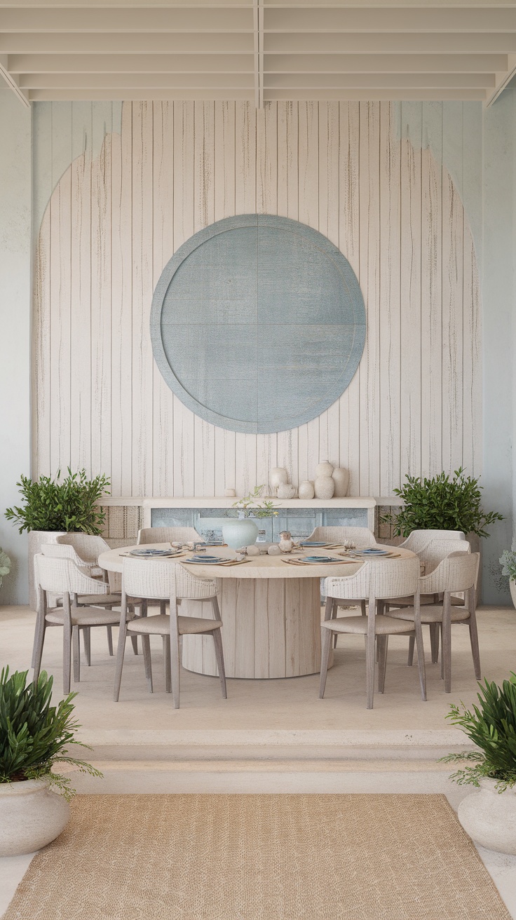 A coastal dining room featuring soft colors and natural elements.