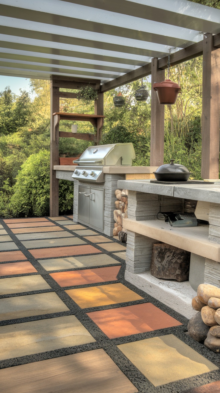 A stylish backyard grilling area with colorful flooring and a grill.