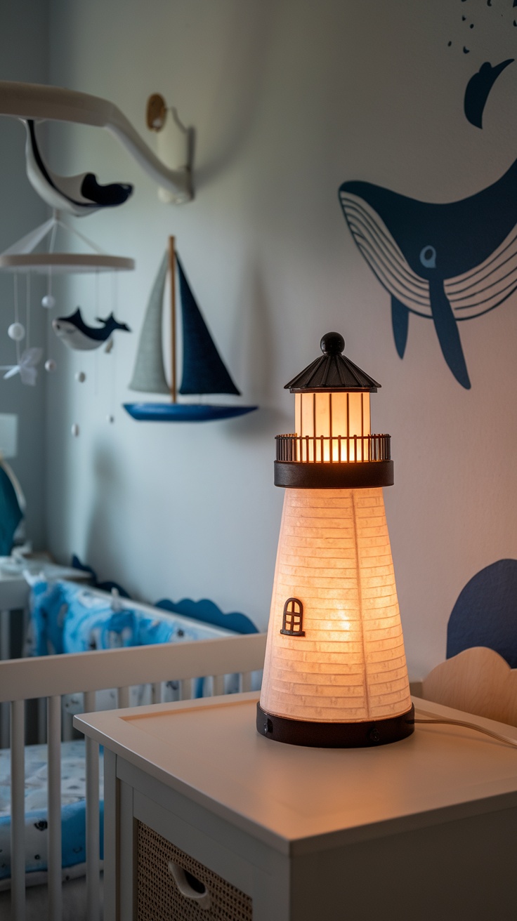 A lighthouse lamp on a nursery bedside table with nautical decor.