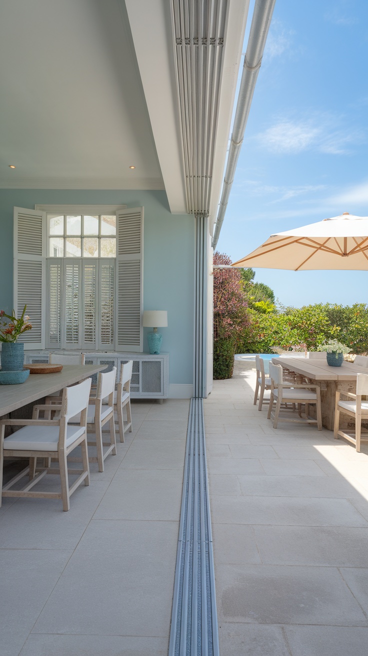 A coastal dining area with an open transition between indoor and outdoor spaces.