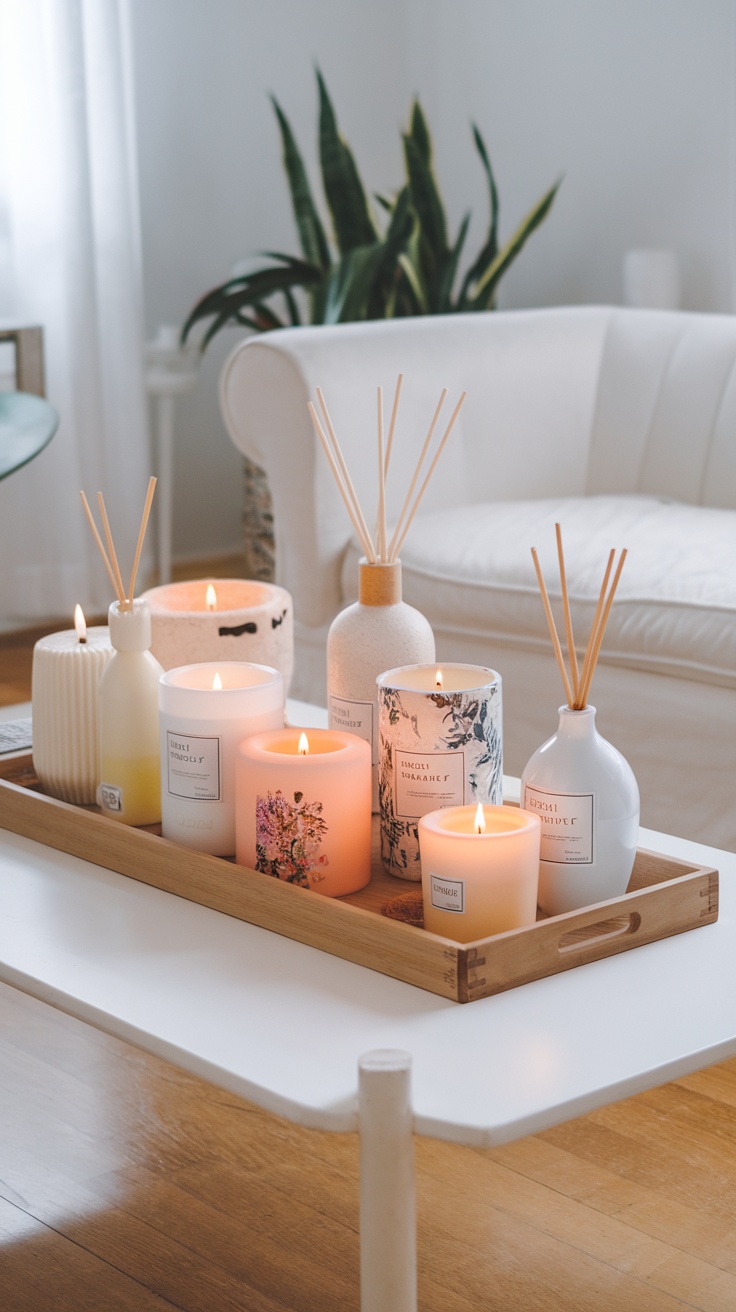 A cozy arrangement of various candles and diffusers on a wooden tray