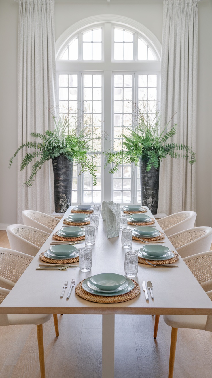 A coastal dining room featuring a table set with soft blue plates and natural textures.
