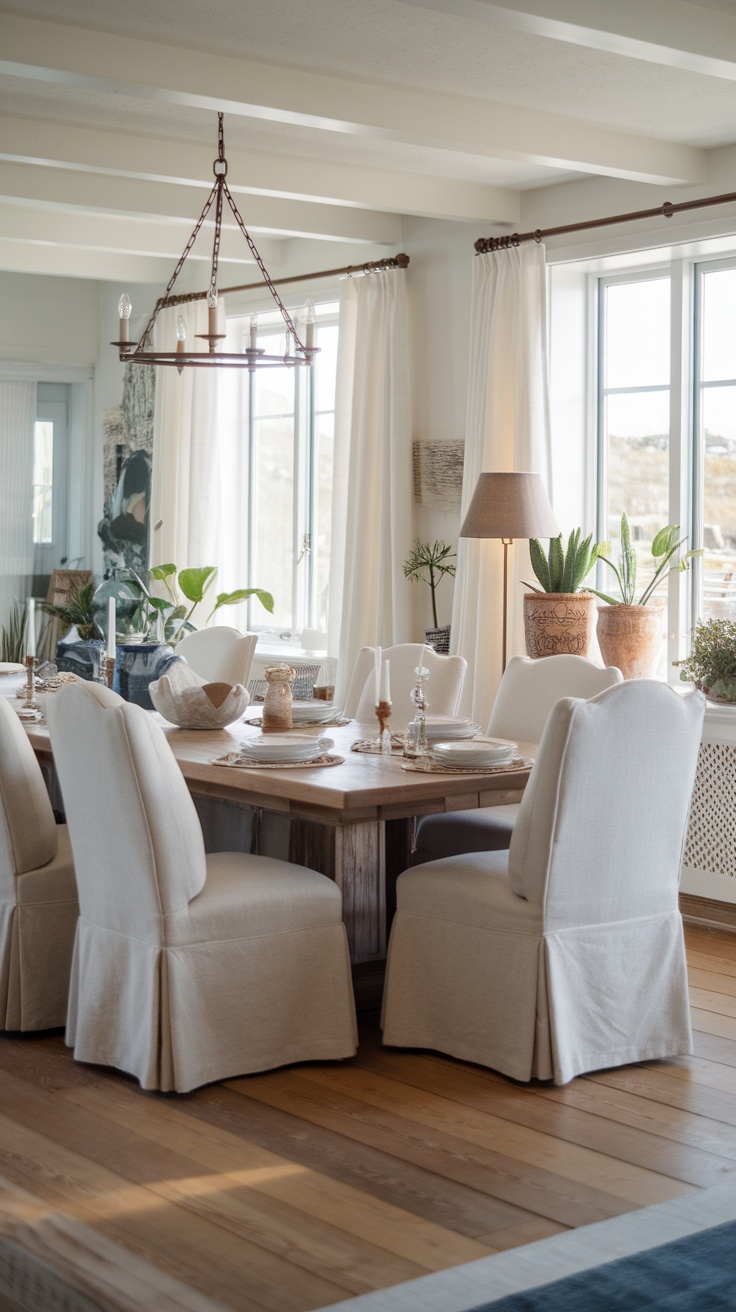 A cozy coastal dining room with a wooden table and soft upholstered chairs.