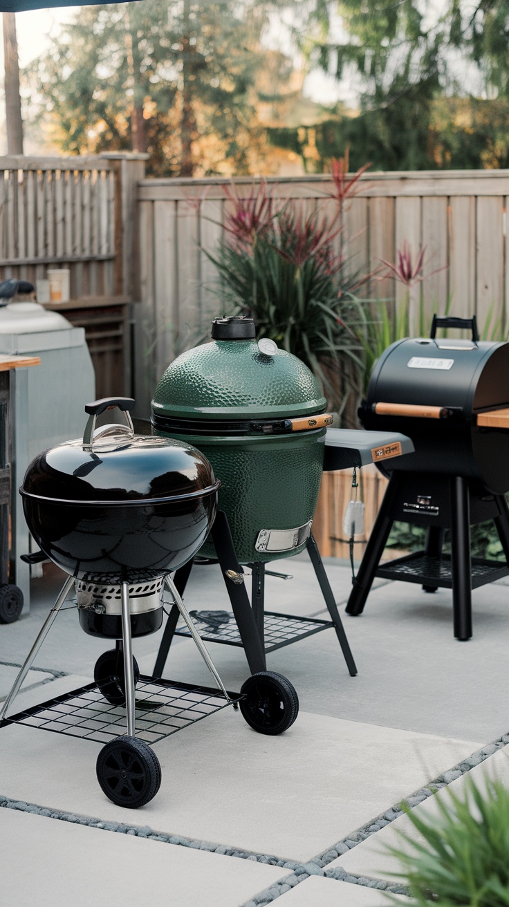 A variety of grills in a backyard grilling area.