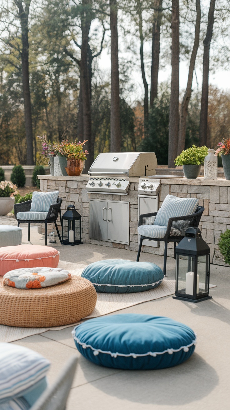 Backyard grilling area with various comfortable seating options including poufs and chairs.
