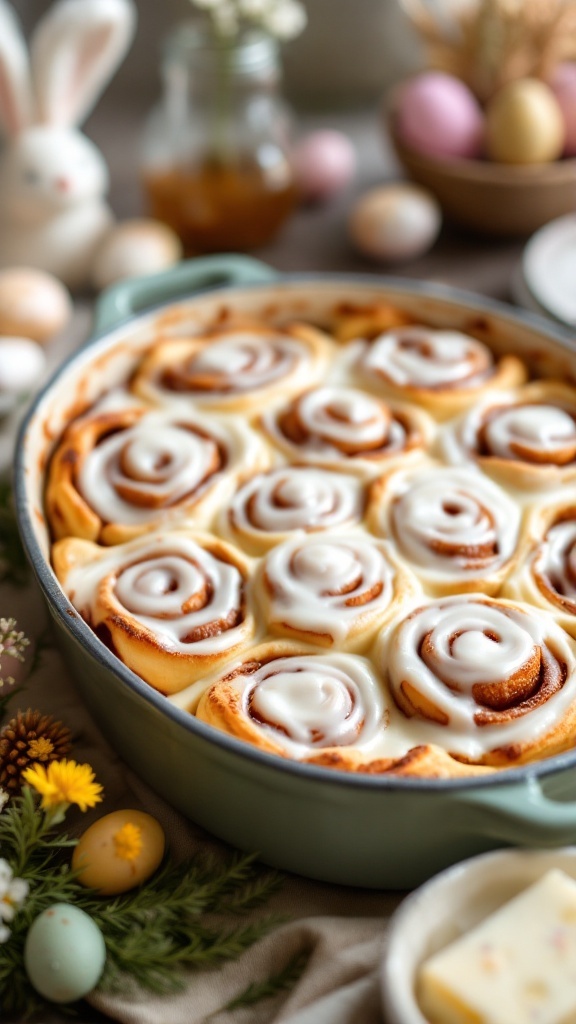 A delicious cinnamon roll casserole topped with icing, surrounded by festive holiday decor.