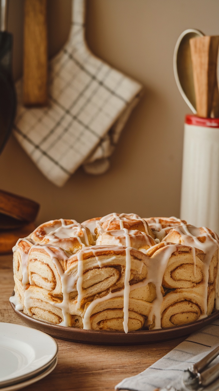 A cinnamon roll casserole drizzled with icing on a plate.