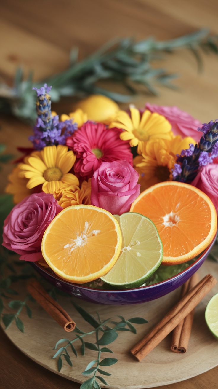 A bowl filled with colorful flowers and citrus slices, featuring oranges and limes.
