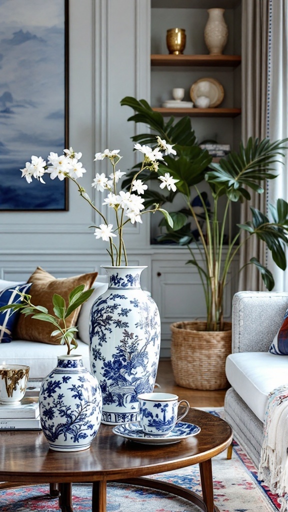 Living room featuring classic blue and white ceramics with nautical and Hamptons style decor elements.