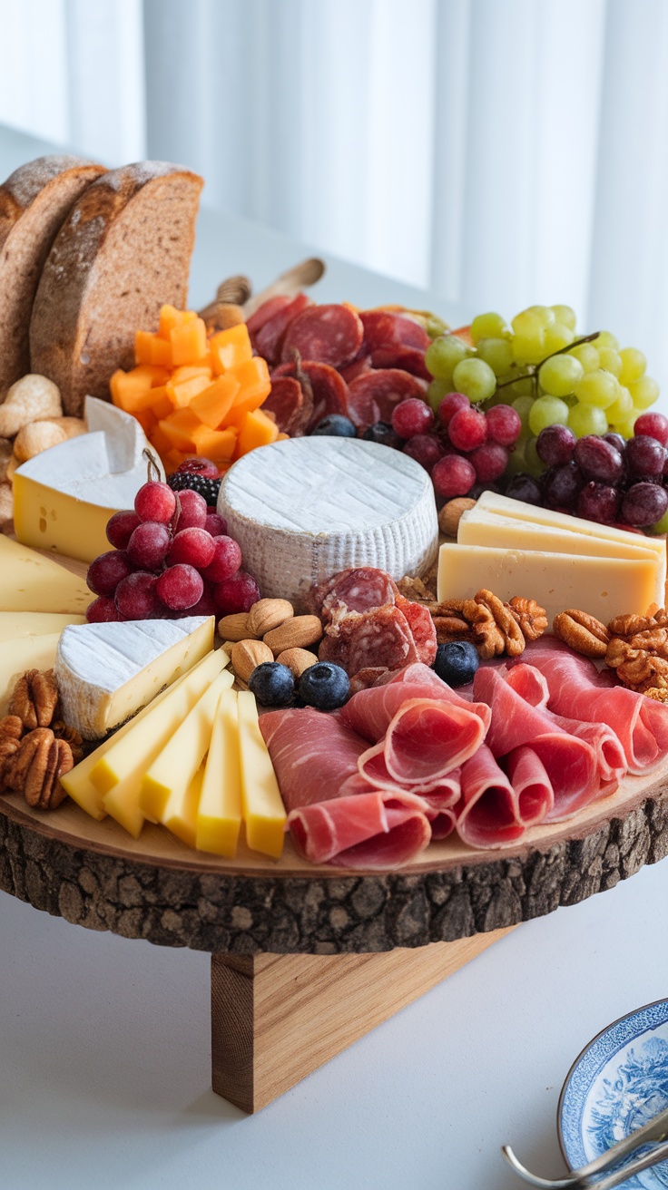 A beautifully arranged charcuterie board featuring a variety of cheeses, meats, fruits, and nuts.