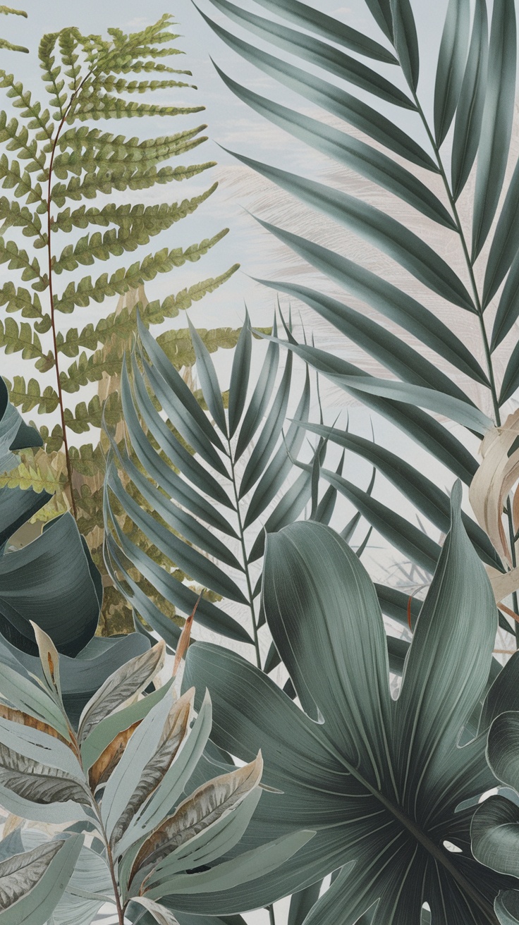 A collection of coastal botanical prints featuring various green leaves and ferns.