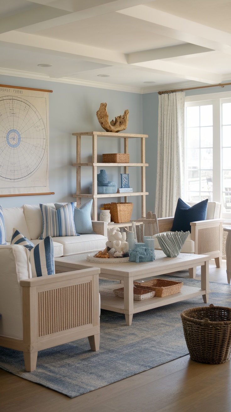 A cozy living room featuring blue and white decor, with striped pillows and natural wooden furniture.