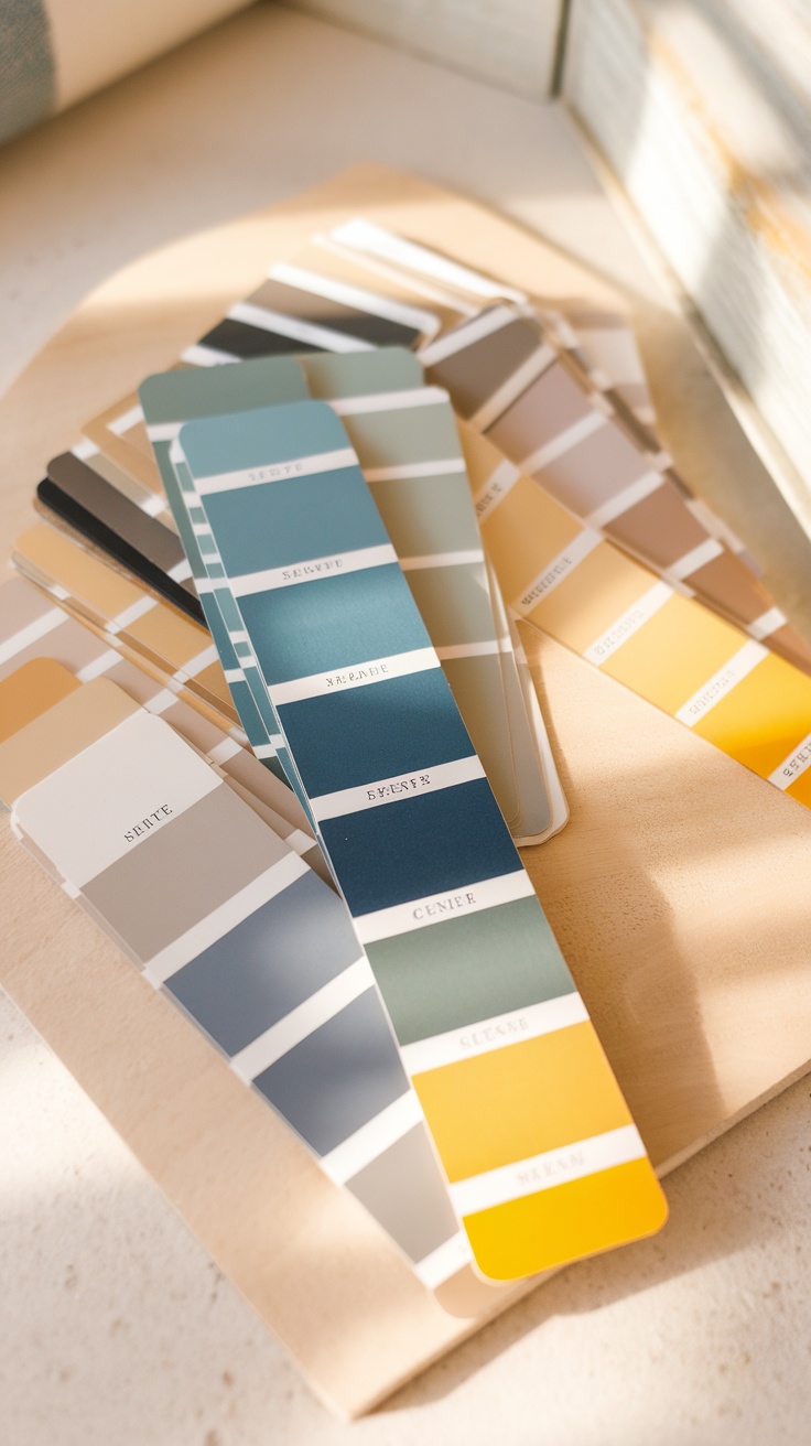 Color palette swatches in soft blues, greens, yellows, and neutrals.