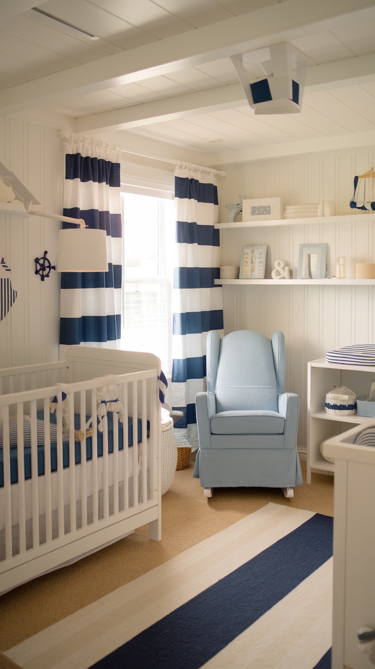 A cozy nautical nursery with a crib, rocking chair, and coastal-themed decor.