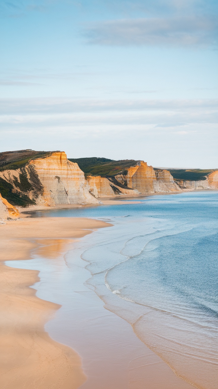 A serene coastal landscape featuring cliffs, sandy beach, and calm water.