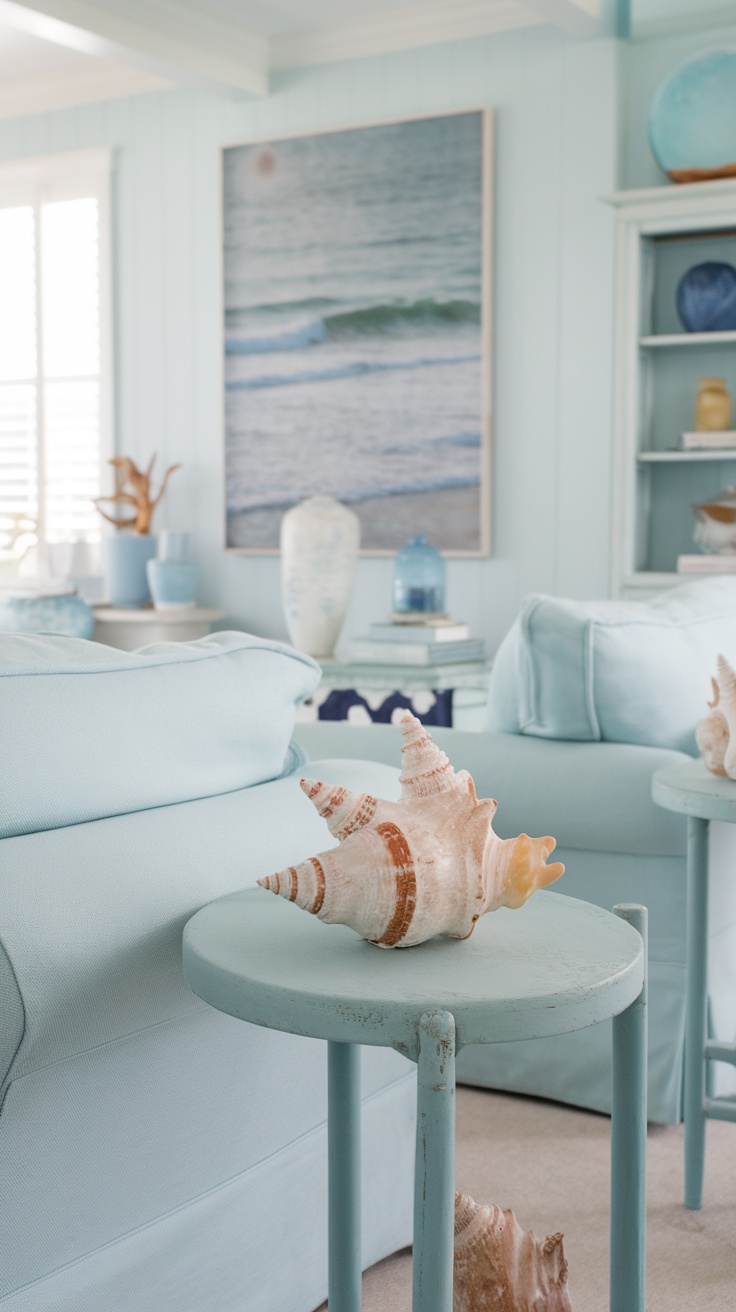 A cozy living room with light blue decor and seashell accents.