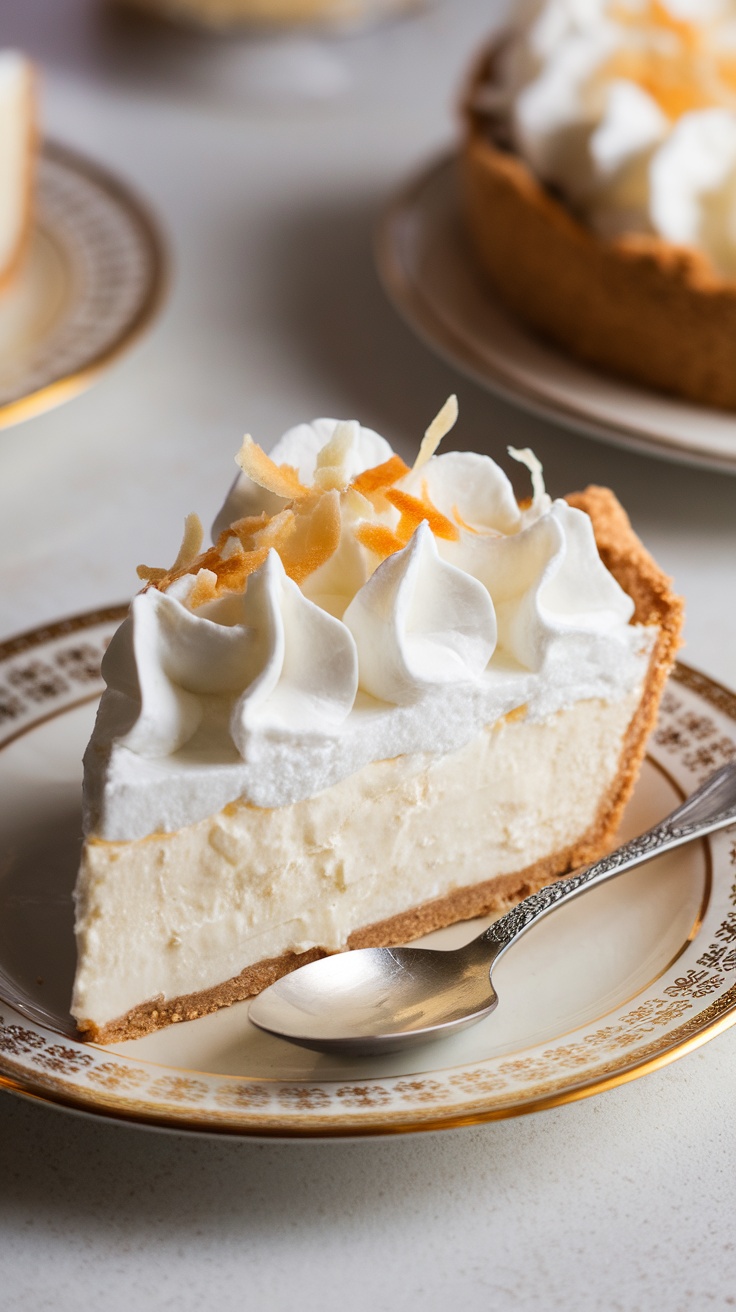 A slice of coconut cream pie with whipped cream and toasted coconut on top.