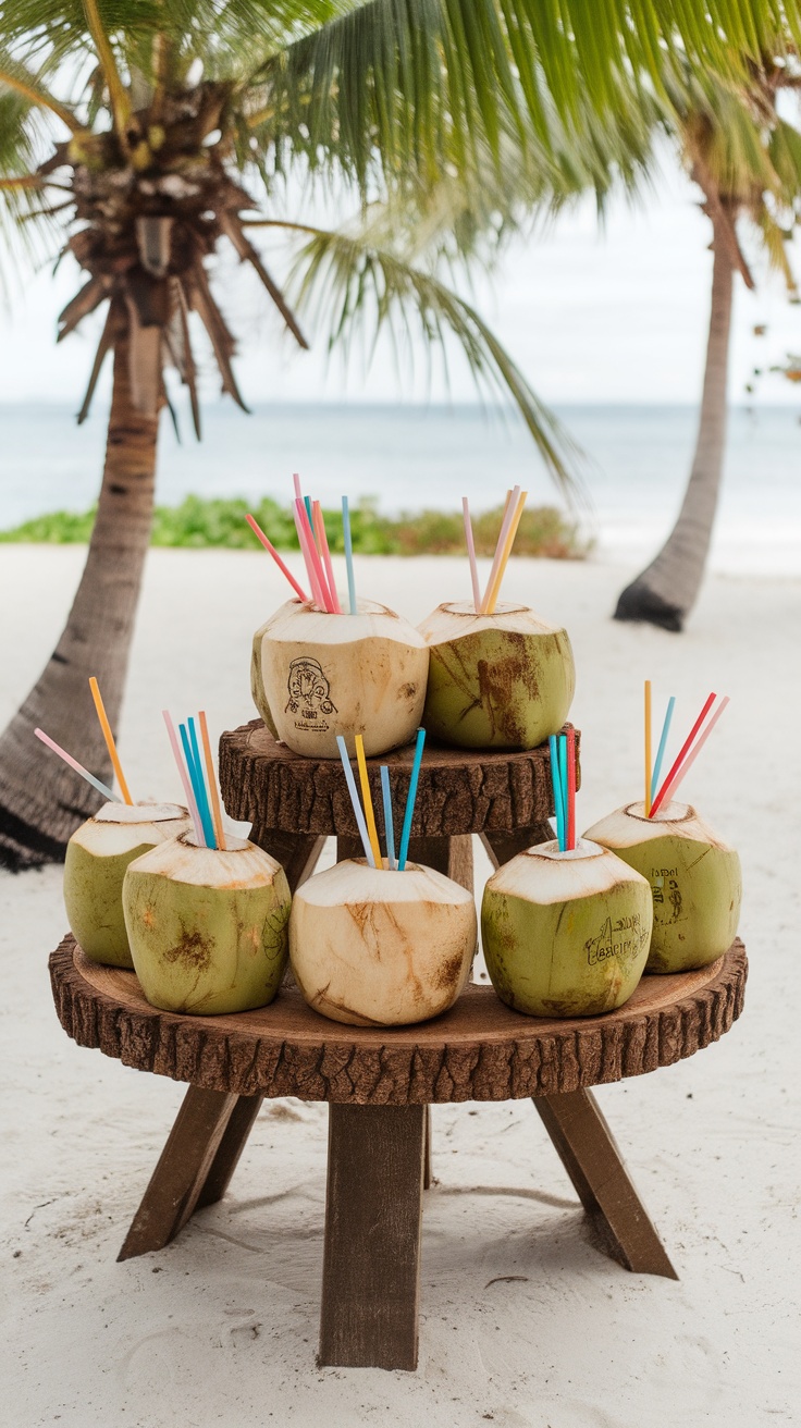 A display of coconuts with colorful straws at a beach wedding.