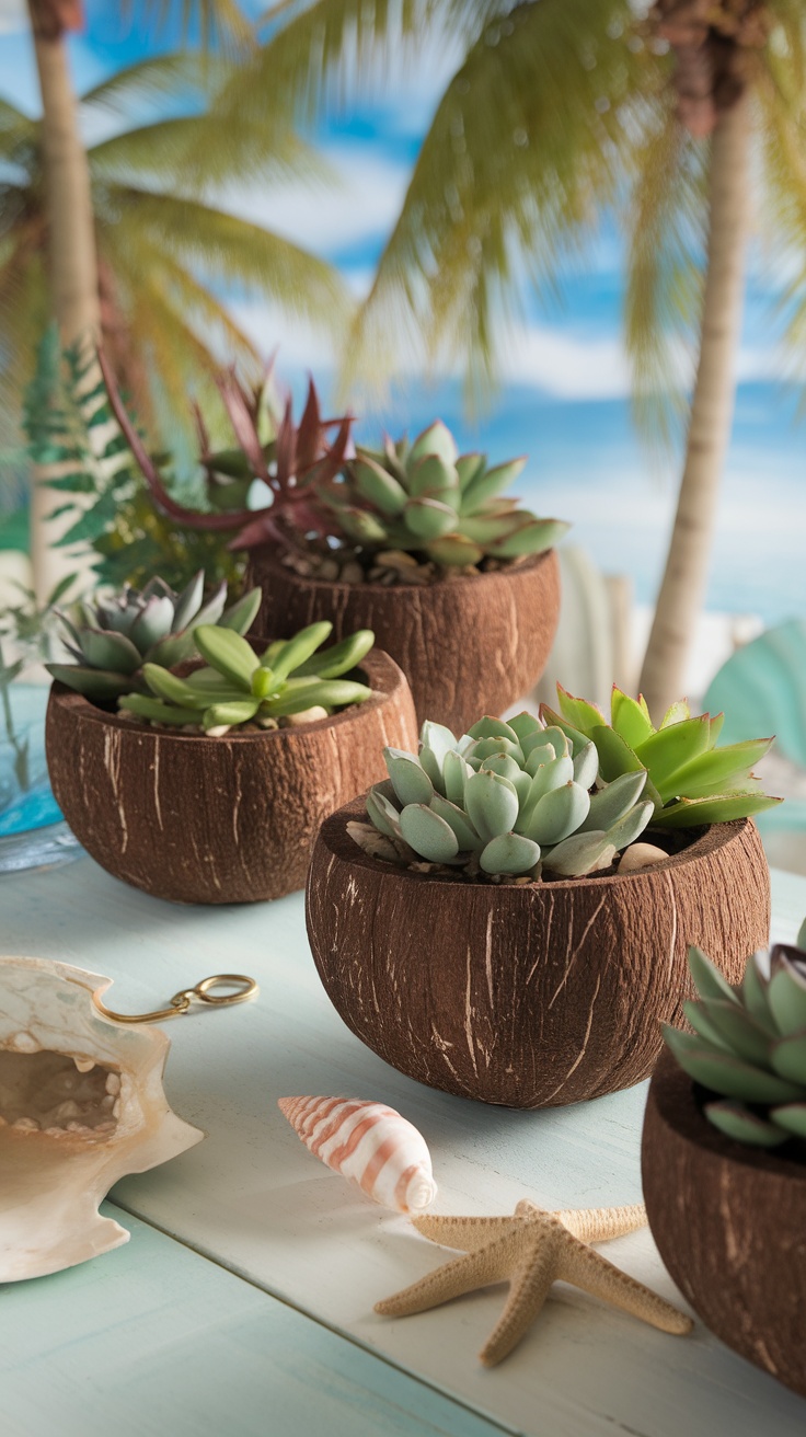 Coconut shell planters filled with various succulents on a light blue table with tropical background.