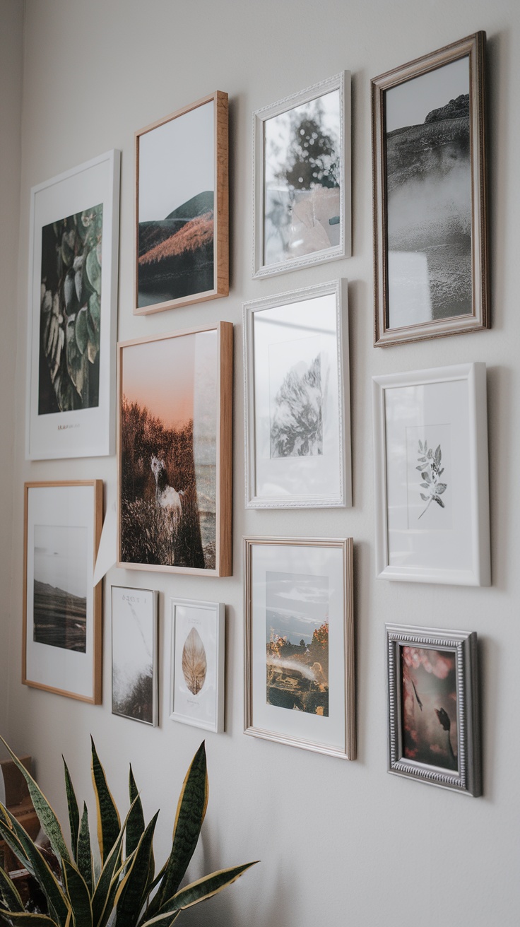 A gallery wall featuring a mix of framed artworks and photographs in various styles.