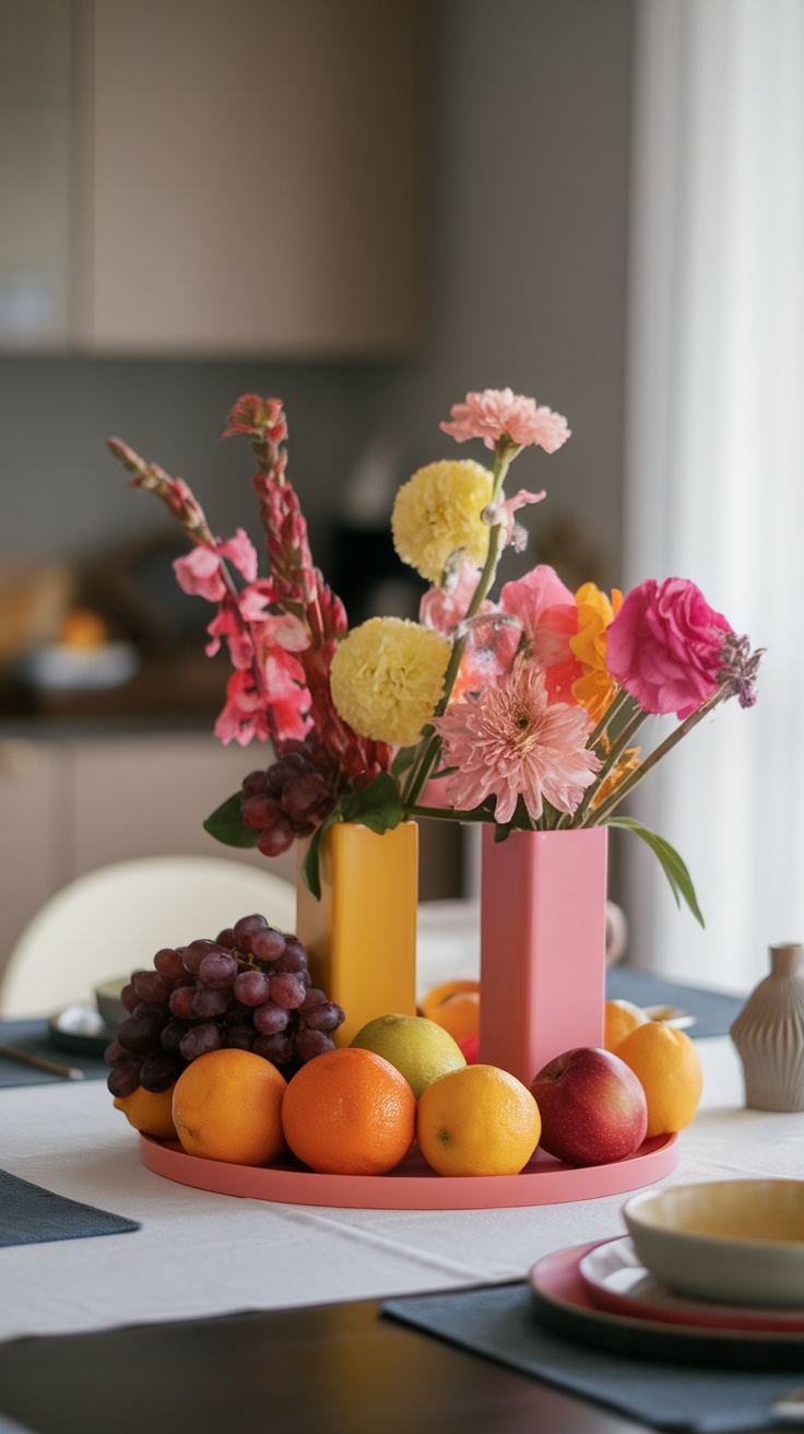 A colorful centerpiece featuring fruit and flowers in a modern arrangement.